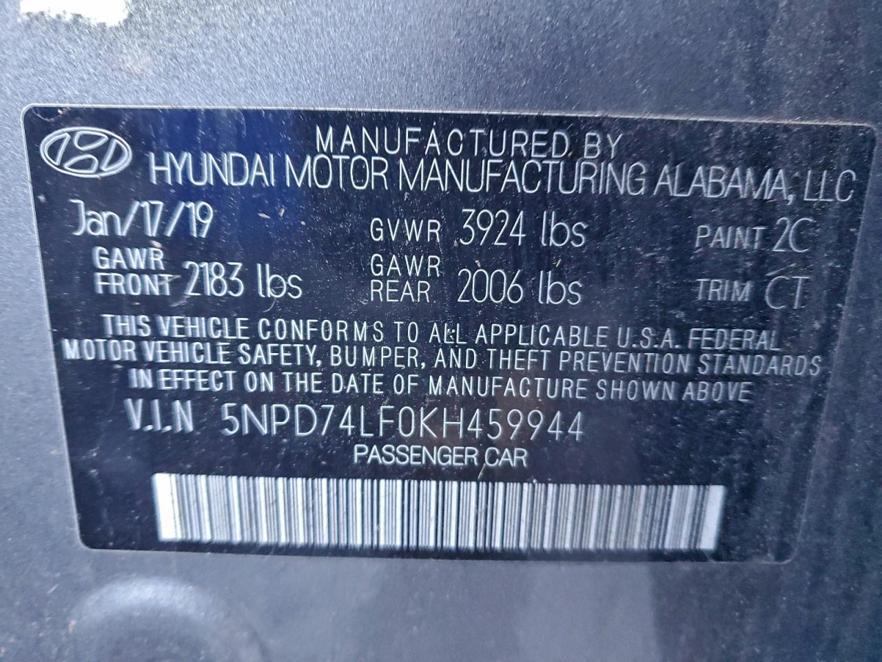 2019 Hyundai Elantra Se VIN: 5NPD74LF0KH459944 Lot: 93226495