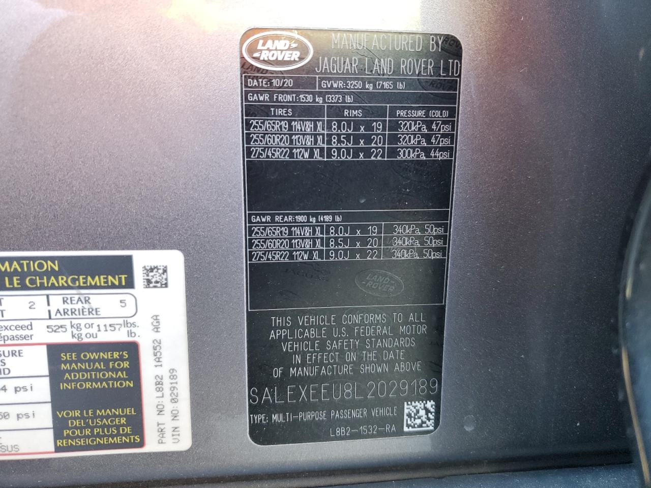 2020 Land Rover Defender 110 X VIN: SALEXEEU8L2029189 Lot: 92909265