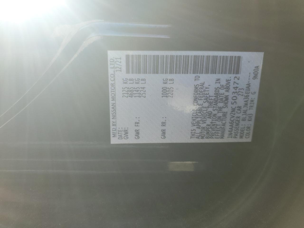 2022 Nissan Maxima Sv VIN: 1N4AA6CV2NC503472 Lot: 92883705