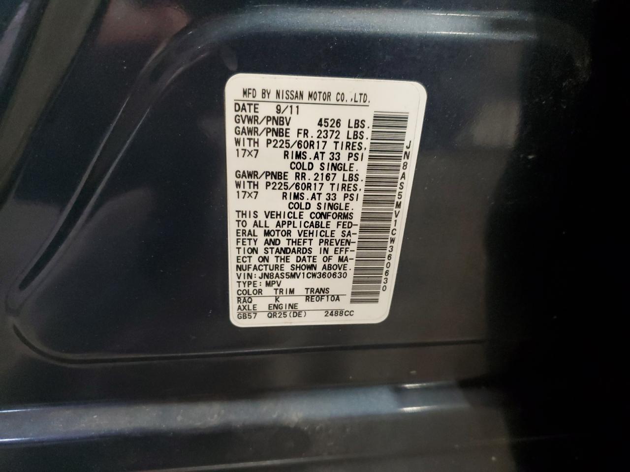 2012 Nissan Rogue S VIN: JN8AS5MV1CW360630 Lot: 93675425