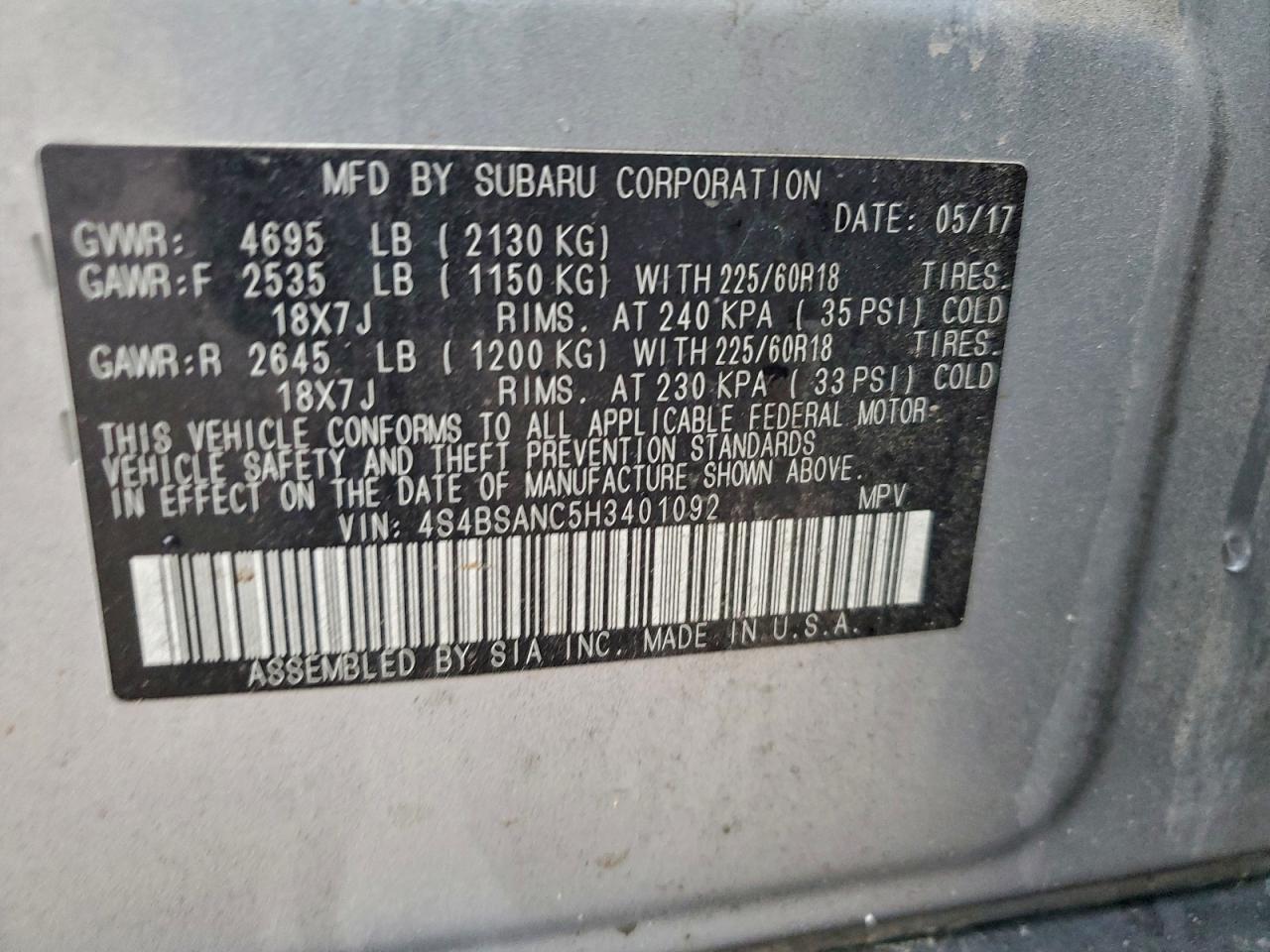 2017 Subaru Outback 2.5I Limited VIN: 4S4BSANC5H3401092 Lot: 93512645