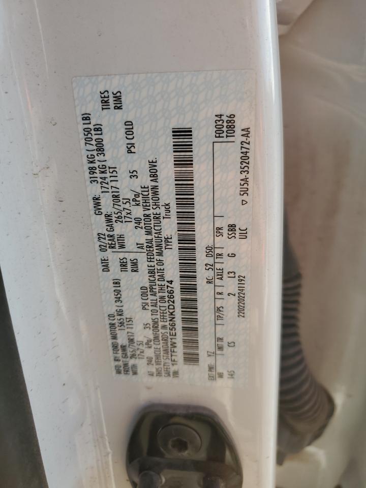 2022 Ford F150 Supercrew VIN: 1FTFW1E56NKD26674 Lot: 92027765