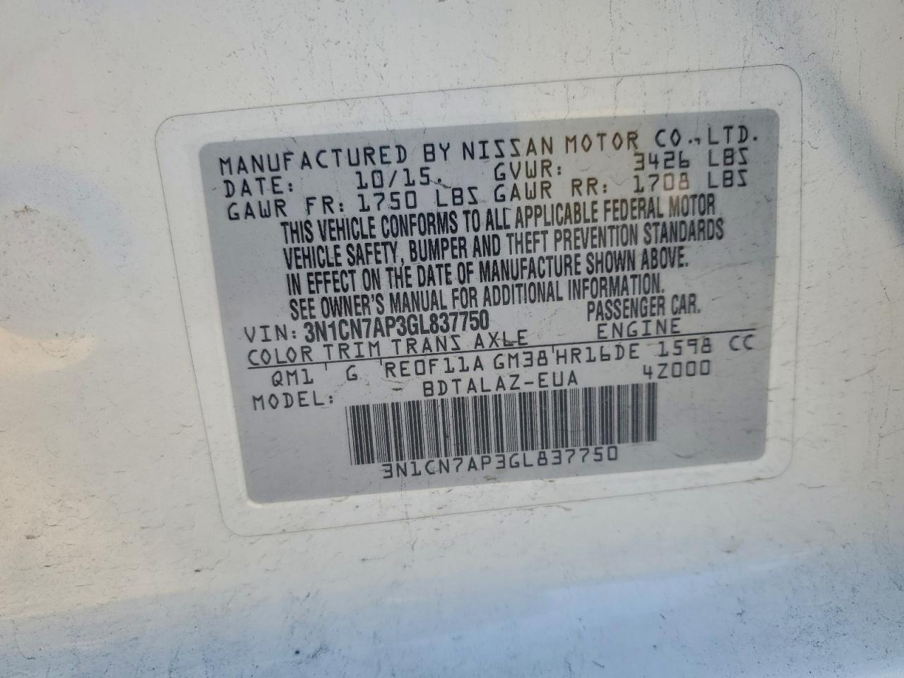 2016 Nissan Versa S VIN: 3N1CN7AP3GL837750 Lot: 94412155