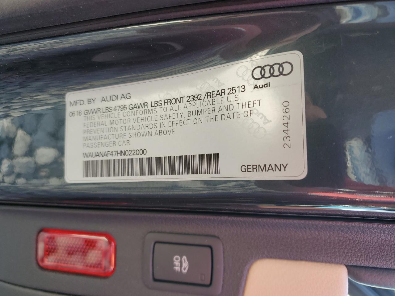 2017 Audi A4 Premium VIN: WAUANAF47HN022000 Lot: 92263725