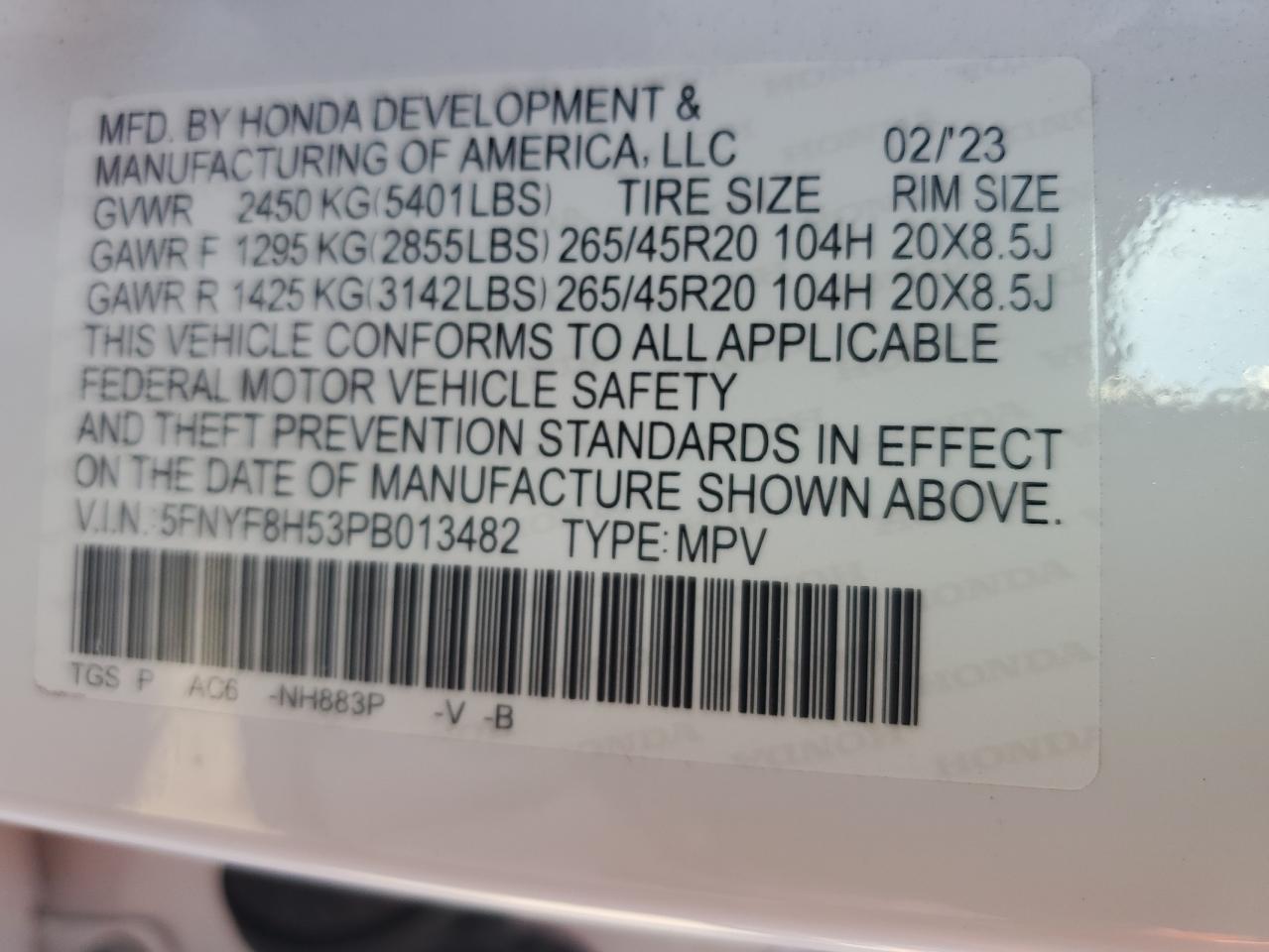2023 Honda Passport Exl VIN: 5FNYF8H53PB013482 Lot: 92505075