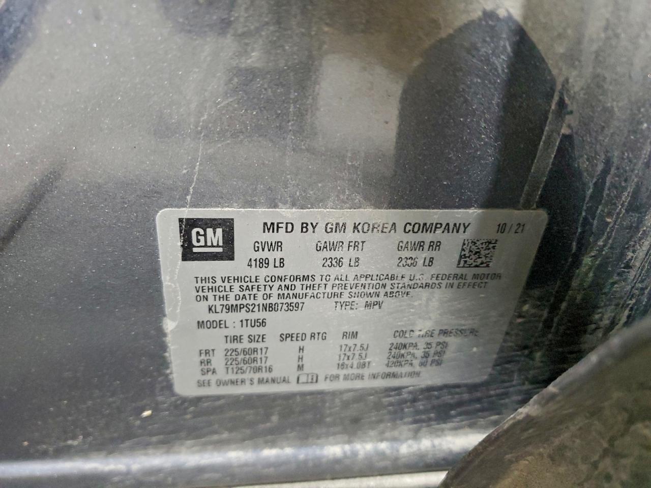 2022 Chevrolet Trailblazer Lt VIN: KL79MPS21NB073597 Lot: 93527285