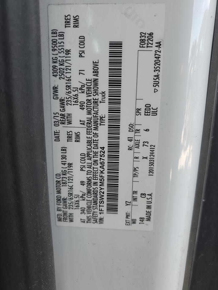 2015 Ford Transit T-350 VIN: 1FTSW2YM5FKA67524 Lot: 92567115