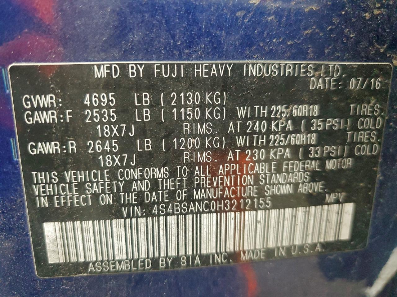 2017 Subaru Outback 2.5I Limited VIN: 4S4BSANC0H3212155 Lot: 93610345