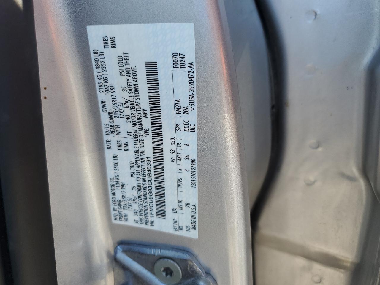 2016 Ford Escape Se VIN: 1FMCU9G93GUB40391 Lot: 91672925