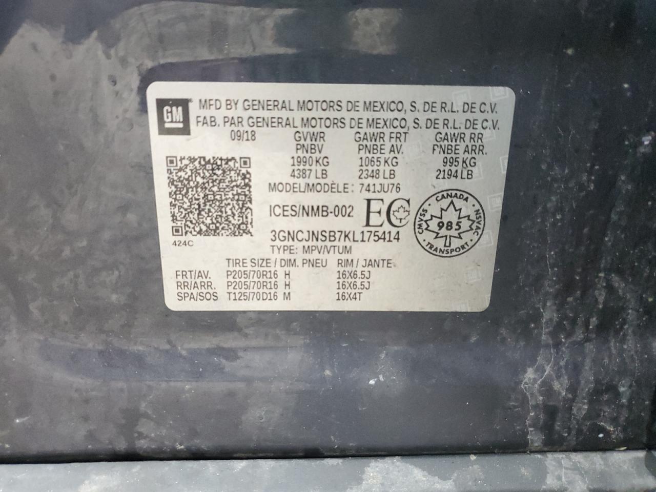 2019 Chevrolet Trax Ls VIN: 3GNCJNSB7KL175414 Lot: 91493725