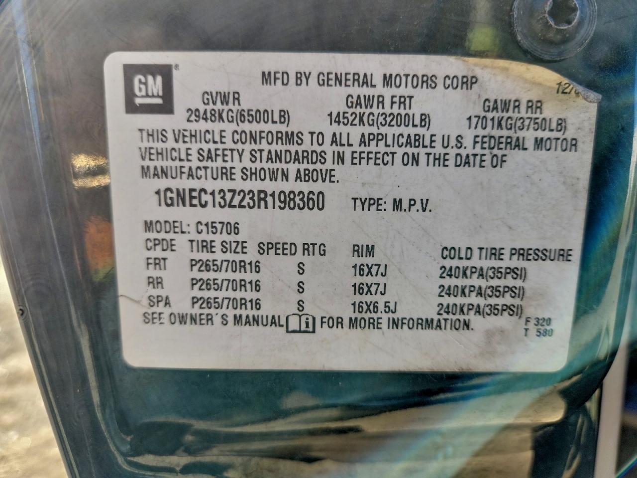 2003 Chevrolet Tahoe C1500 VIN: 1GNEC13Z23R198360 Lot: 94062955