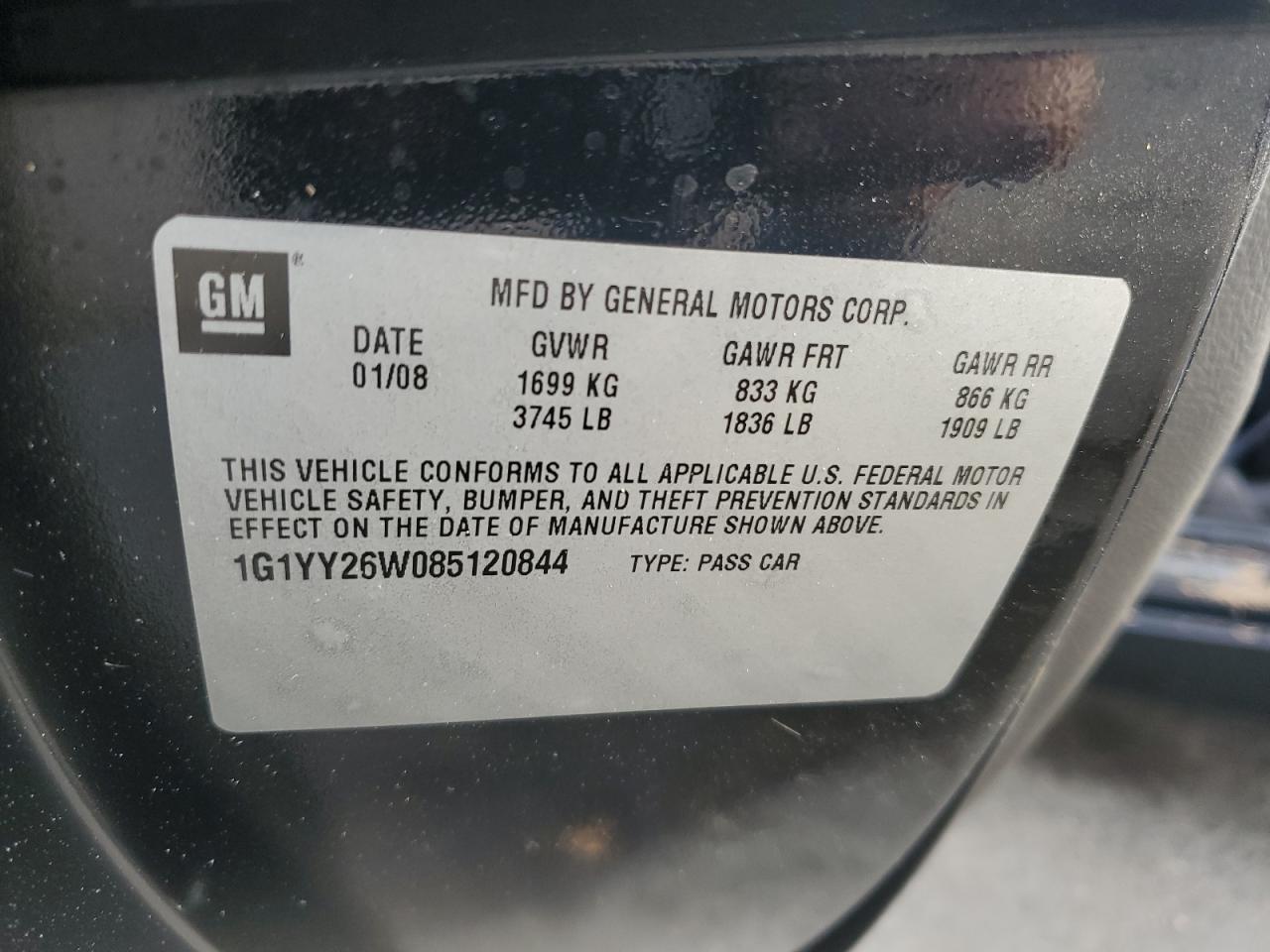 2008 Chevrolet Corvette VIN: 1G1YY26W085120844 Lot: 85431835