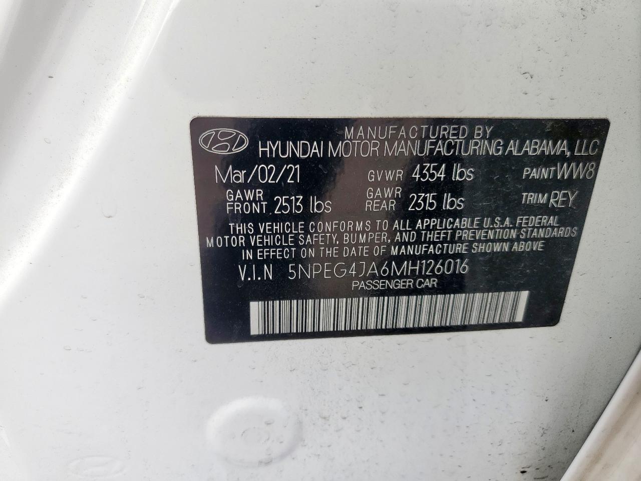 2021 Hyundai Sonata Se VIN: 5NPEG4JA6MH126016 Lot: 93318425