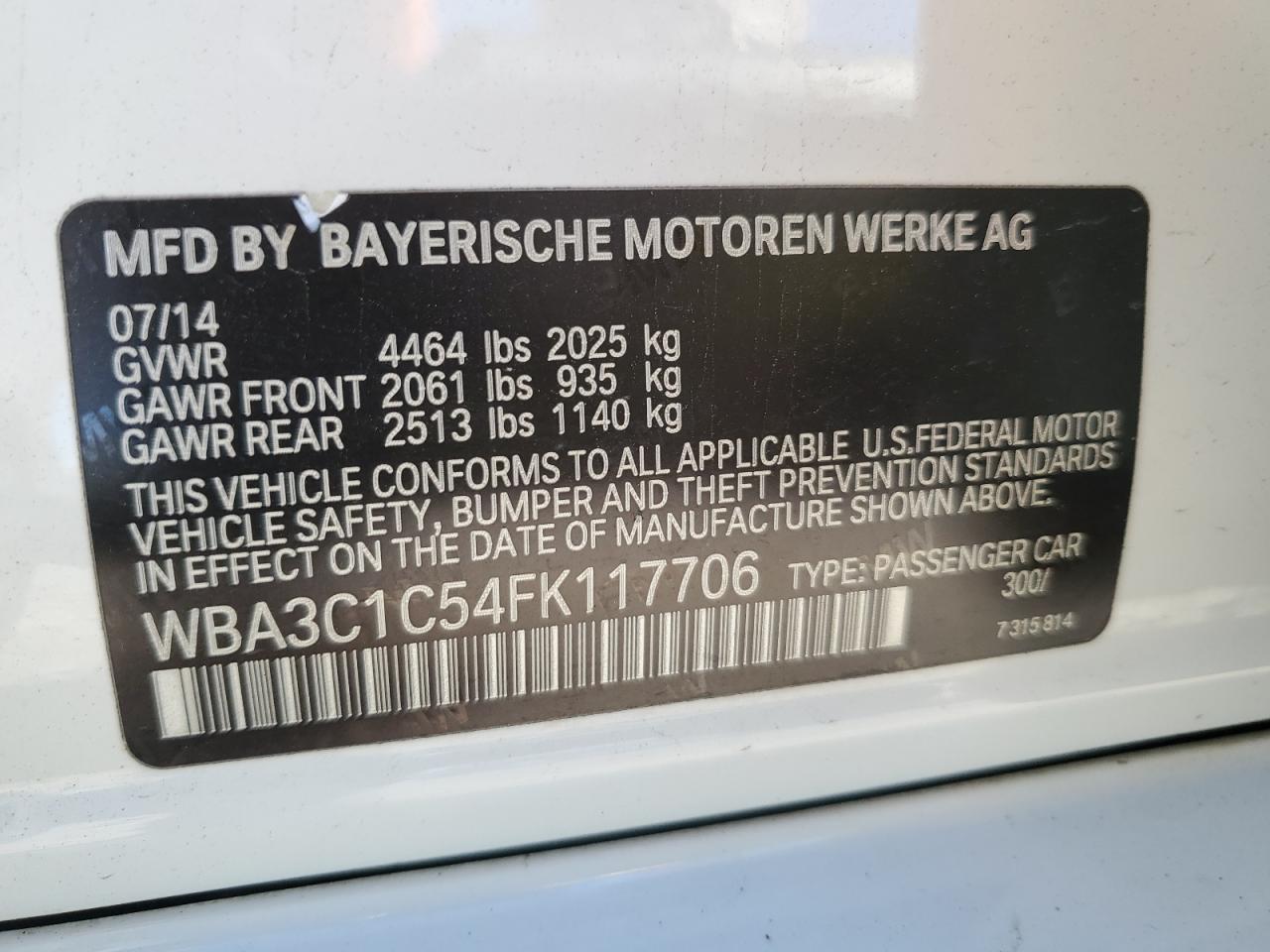 2015 BMW 328 I Sulev VIN: WBA3C1C54FK117706 Lot: 93632955