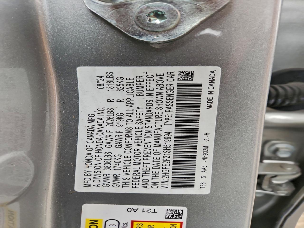 2025 Honda Civic Lx VIN: 2HGFE2F21SH519994 Lot: 93911535