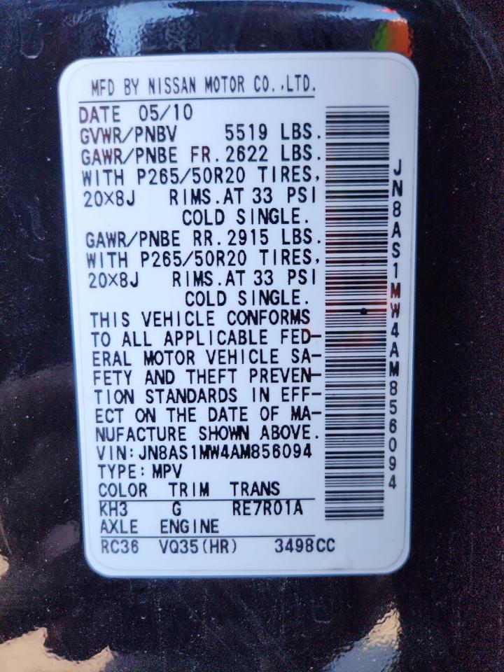 2010 Infiniti Fx35 VIN: JN8AS1MW4AM856094 Lot: 90808965