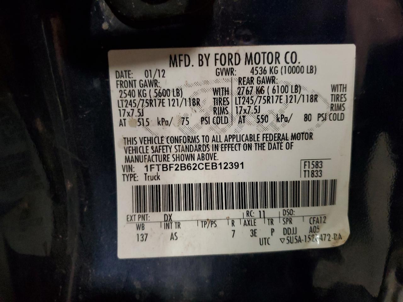 2012 Ford F250 Super Duty VIN: 1FTBF2B62CEB12391 Lot: 92725245