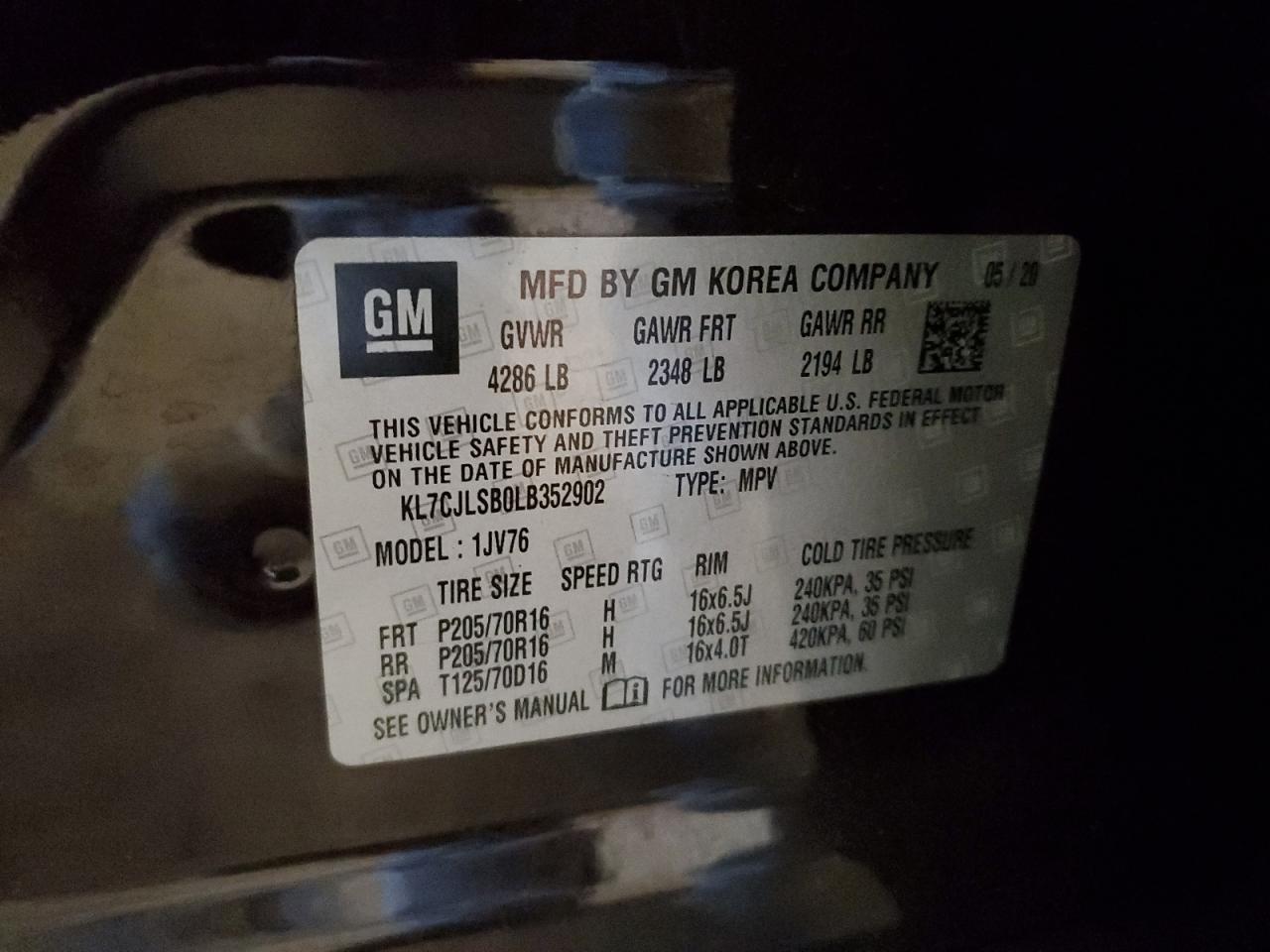 2020 Chevrolet Trax 1Lt VIN: KL7CJLSB0LB352902 Lot: 90615455