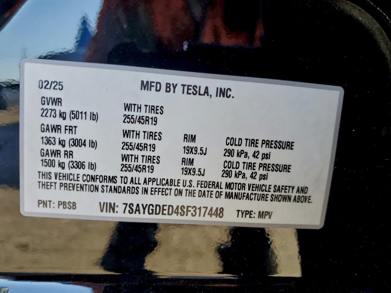 2025 Tesla Model Y VIN: 7SAYGDED4SF317448 Lot: 94309405