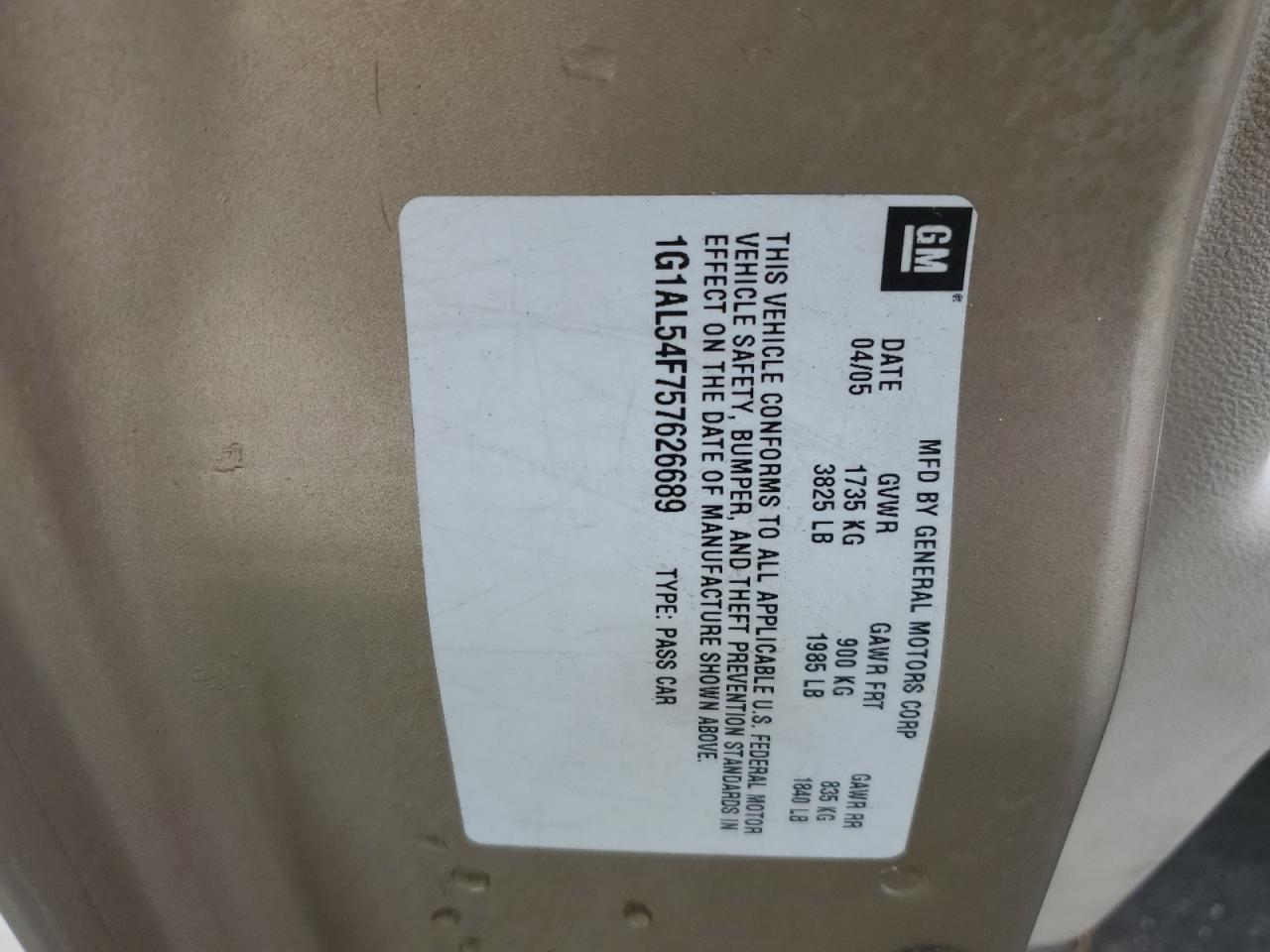 2005 Chevrolet Cobalt Ls VIN: 1G1AL54F757626689 Lot: 91989085