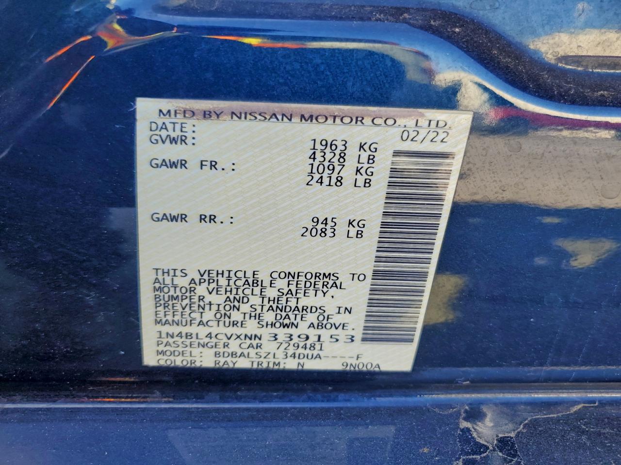 2022 Nissan Altima Sr VIN: 1N4BL4CVXNN339153 Lot: 91493225