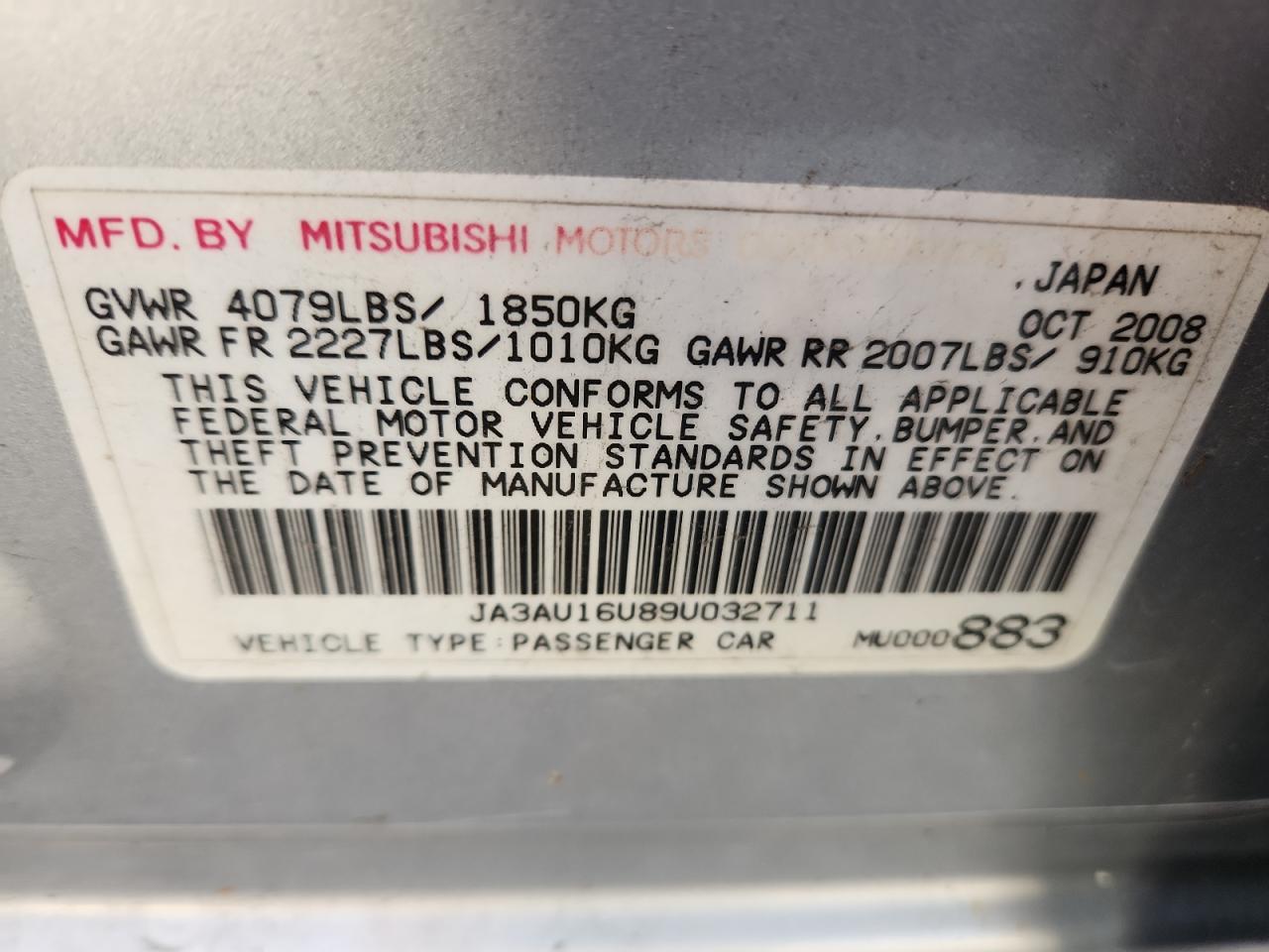 2009 Mitsubishi Lancer De VIN: JA3AU16U89U032711 Lot: 92947665