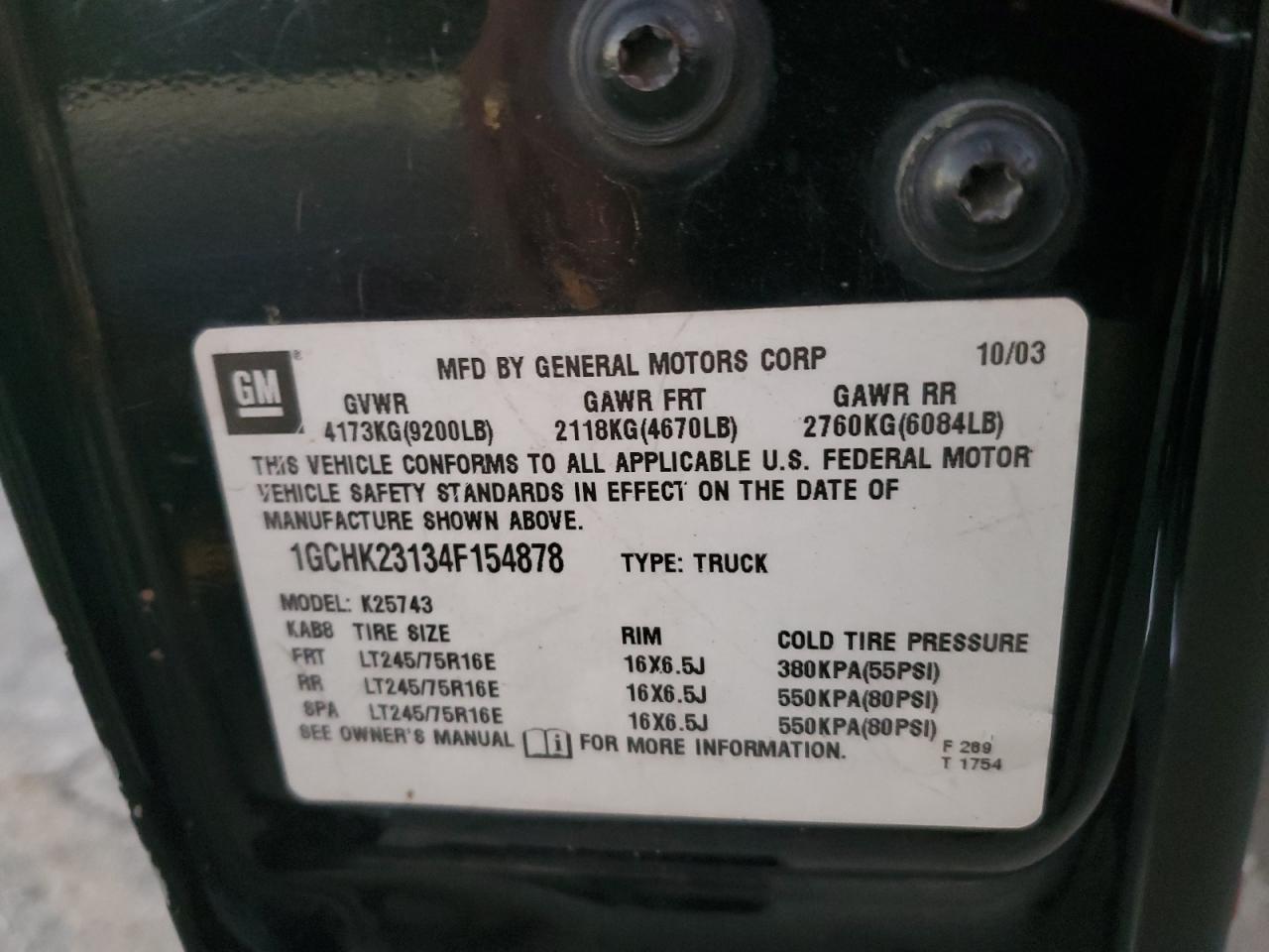 2004 Chevrolet Silverado K2500 Heavy Duty VIN: 1GCHK23134F154878 Lot: 90441265