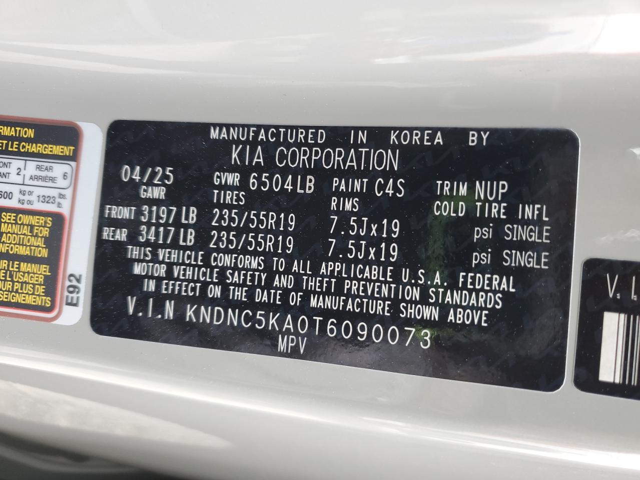 2026 Kia Carnival Ex VIN: KNDNC5KA0T6090073 Lot: 91844345
