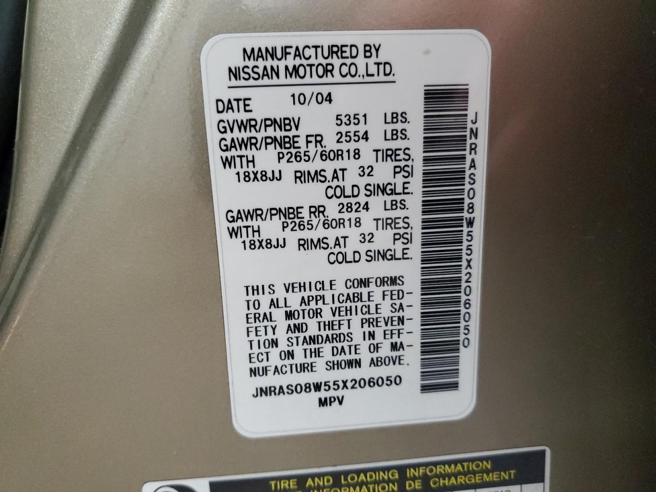 2005 Infiniti Fx35 VIN: JNRAS08W55X206050 Lot: 92083575