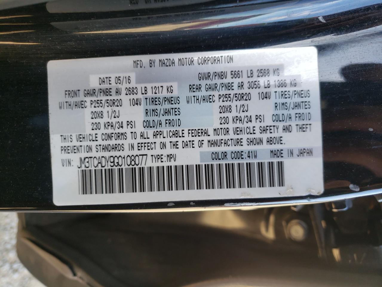 2016 Mazda Cx-9 Grand Touring VIN: JM3TCADY9G0108077 Lot: 90450455