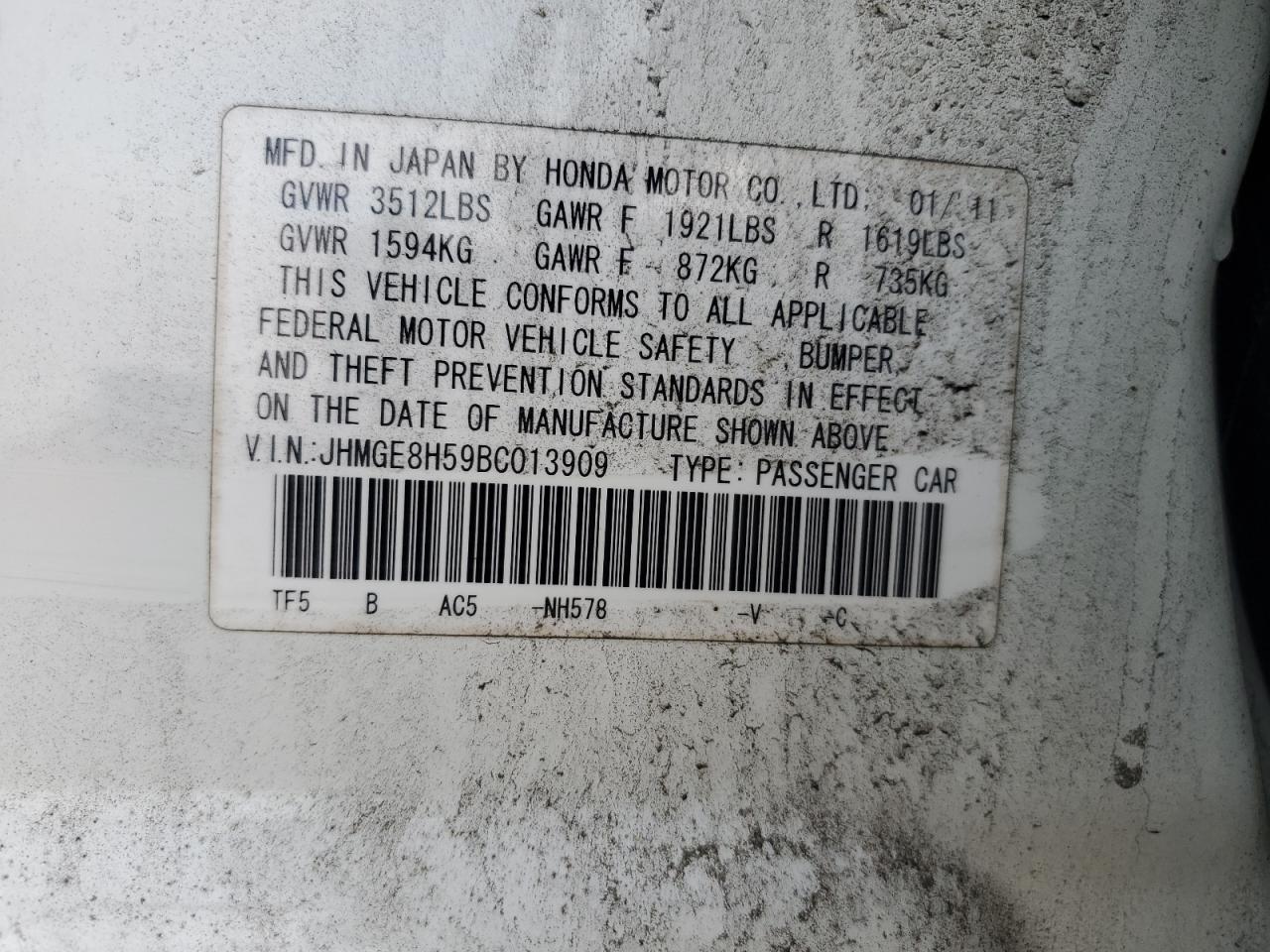 2011 Honda Fit Sport VIN: JHMGE8H59BC013909 Lot: 93379745