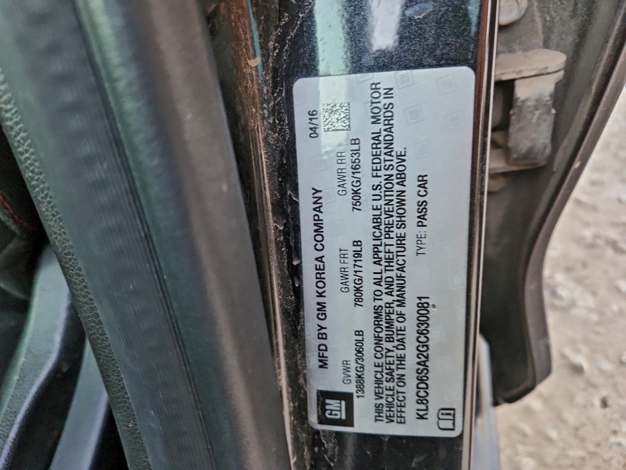 2016 Chevrolet Spark 1Lt VIN: KL8CD6SA2GC630081 Lot: 93598915