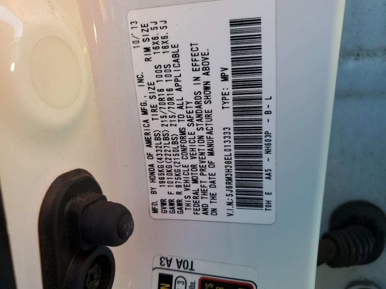 2014 Honda Cr-V Lx VIN: 5J6RM3H38EL013333 Lot: 92685745