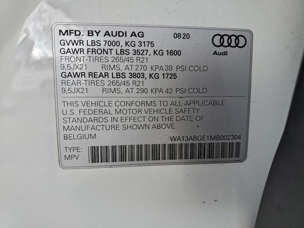 2021 Audi E-Tron Sportback Prestige VIN: WA13ABGE1MB002304 Lot: 93984895