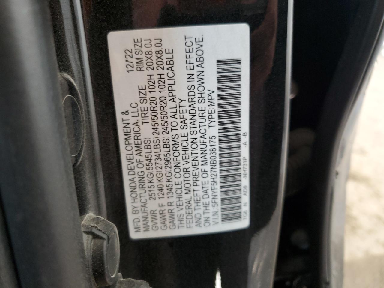 2022 Honda Pilot Se VIN: 5FNYF5H27NB038175 Lot: 91645145