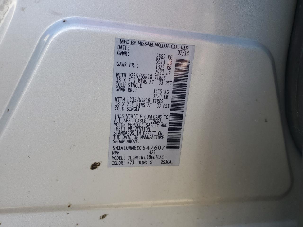 2014 Infiniti Qx60 VIN: 5N1AL0MM6EC547607 Lot: 92579875