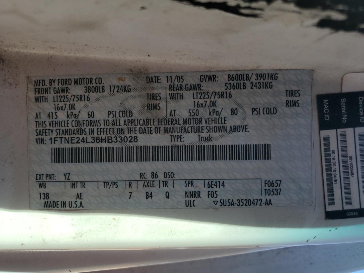 2006 Ford Econoline E 350 VIN: 1FTNE24L36HB33028 Lot: 92988225