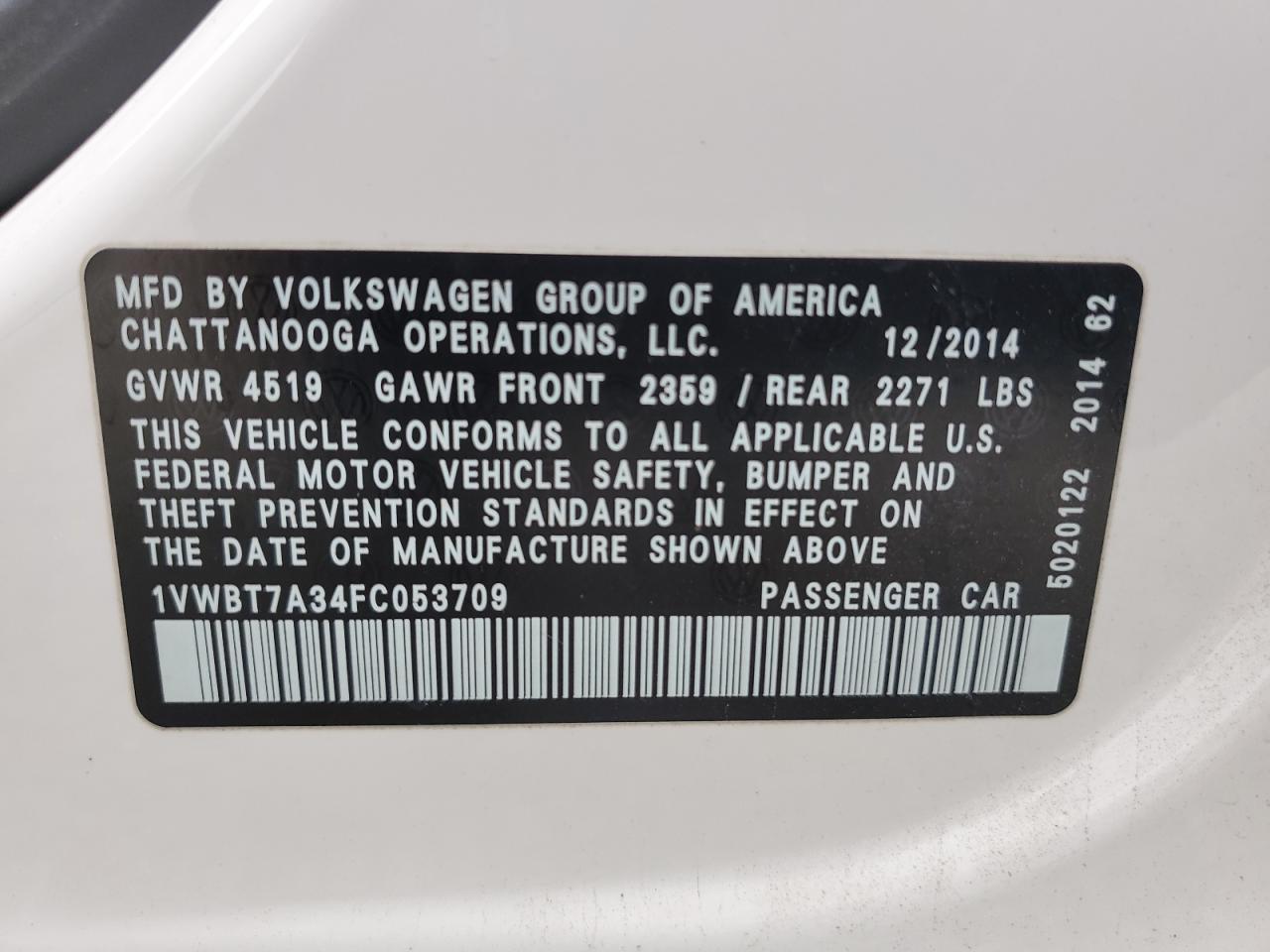 2015 Volkswagen Passat Se VIN: 1VWBT7A34FC053709 Lot: 93135245