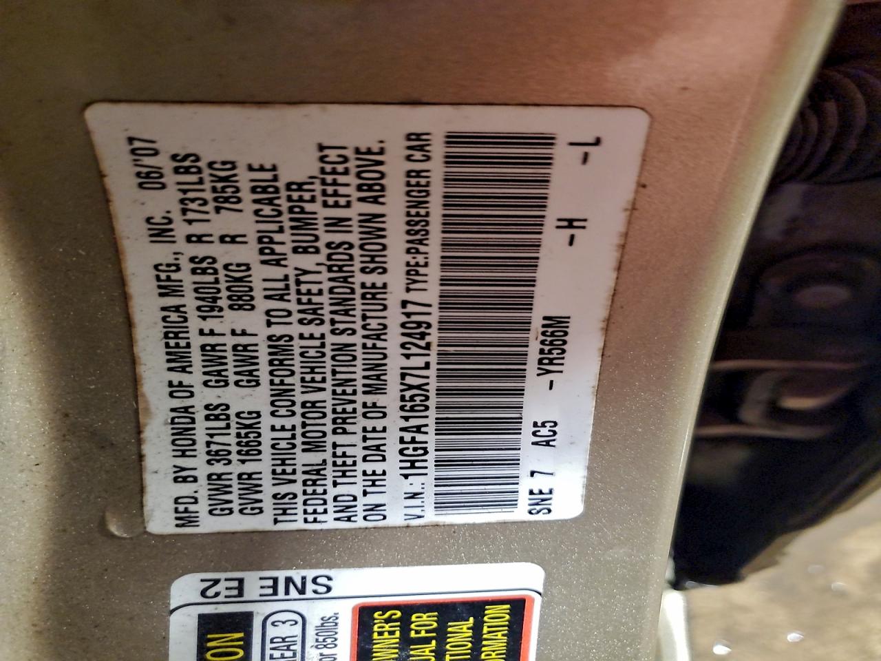 2007 Honda Civic Lx VIN: 1HGFA165X7L124917 Lot: 94049275