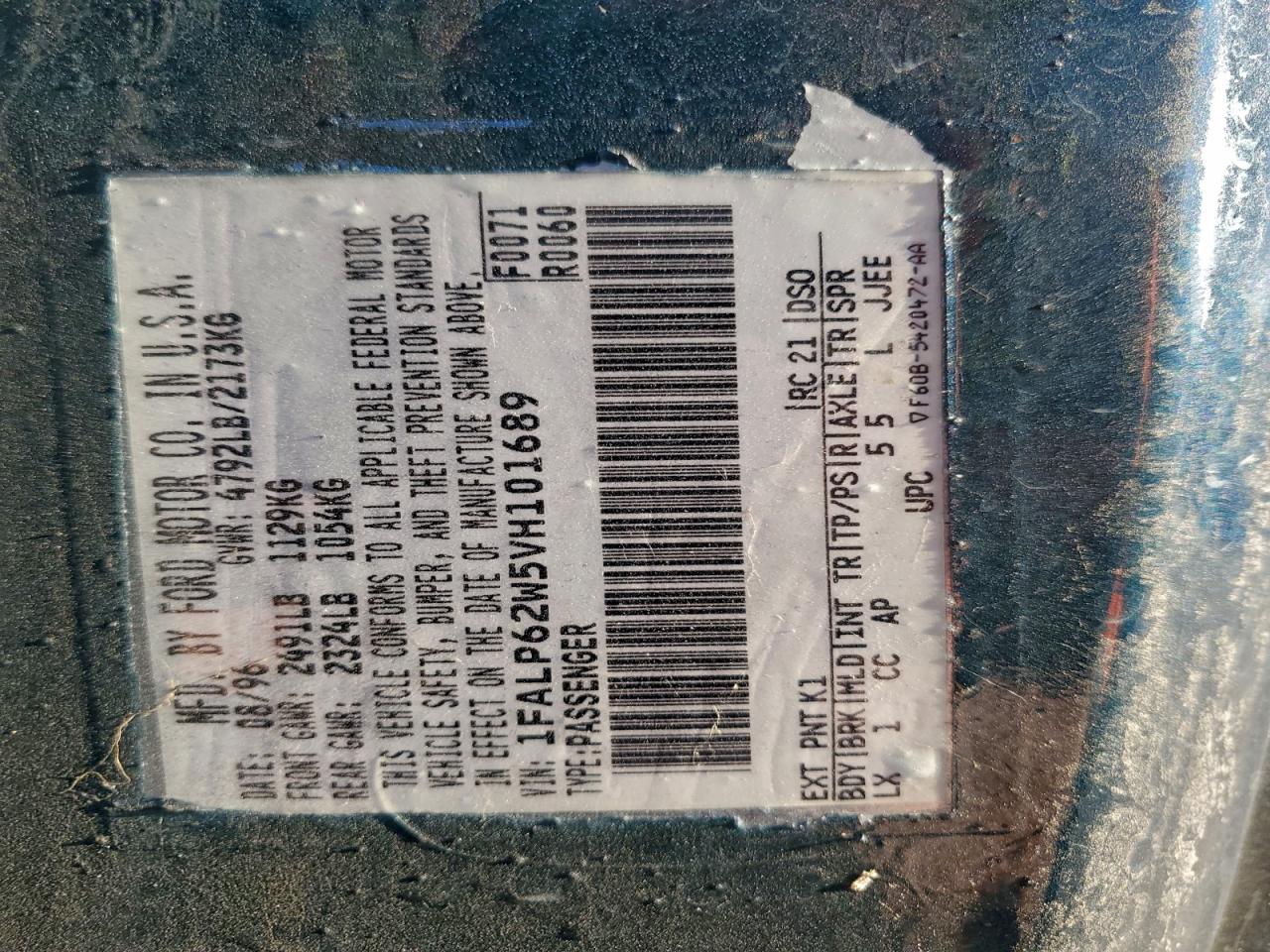 1997 Ford Thunderbird Lx VIN: 1FALP62W5VH101689 Lot: 92436025