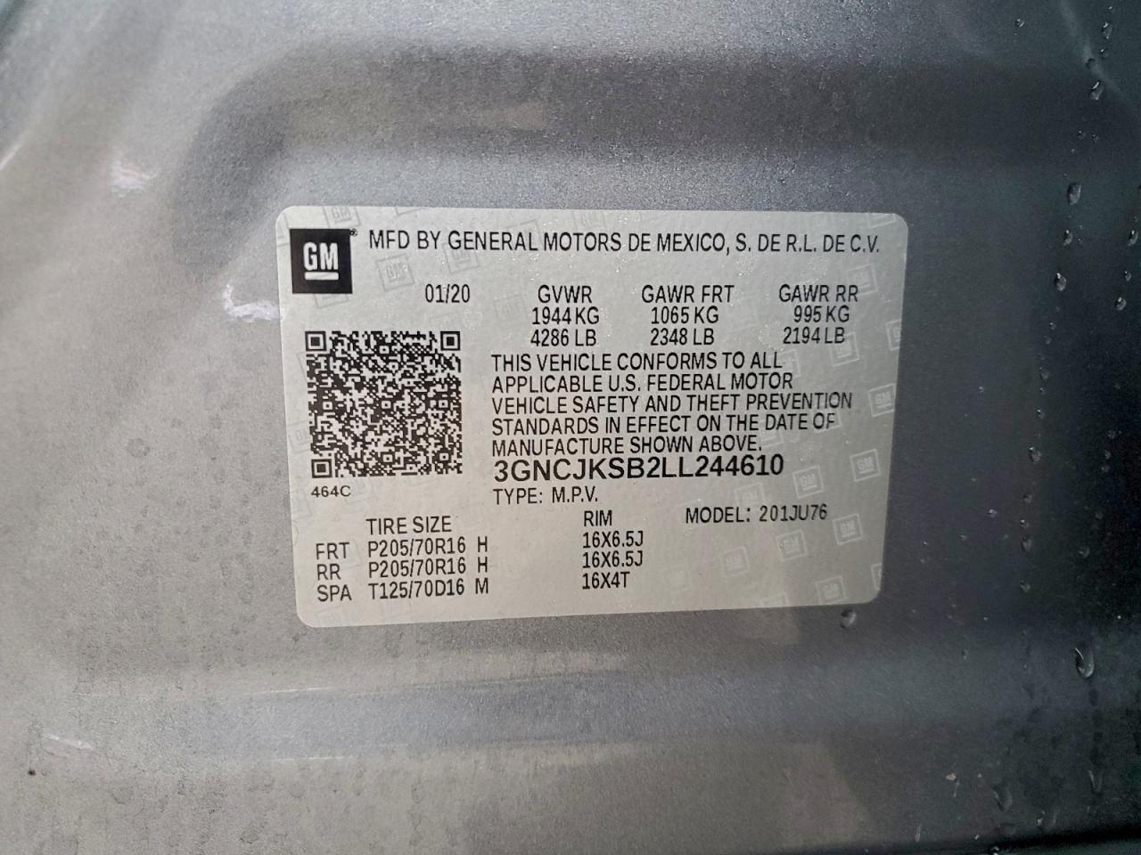 2020 Chevrolet Trax Ls VIN: 3GNCJKSB2LL244610 Lot: 93895945