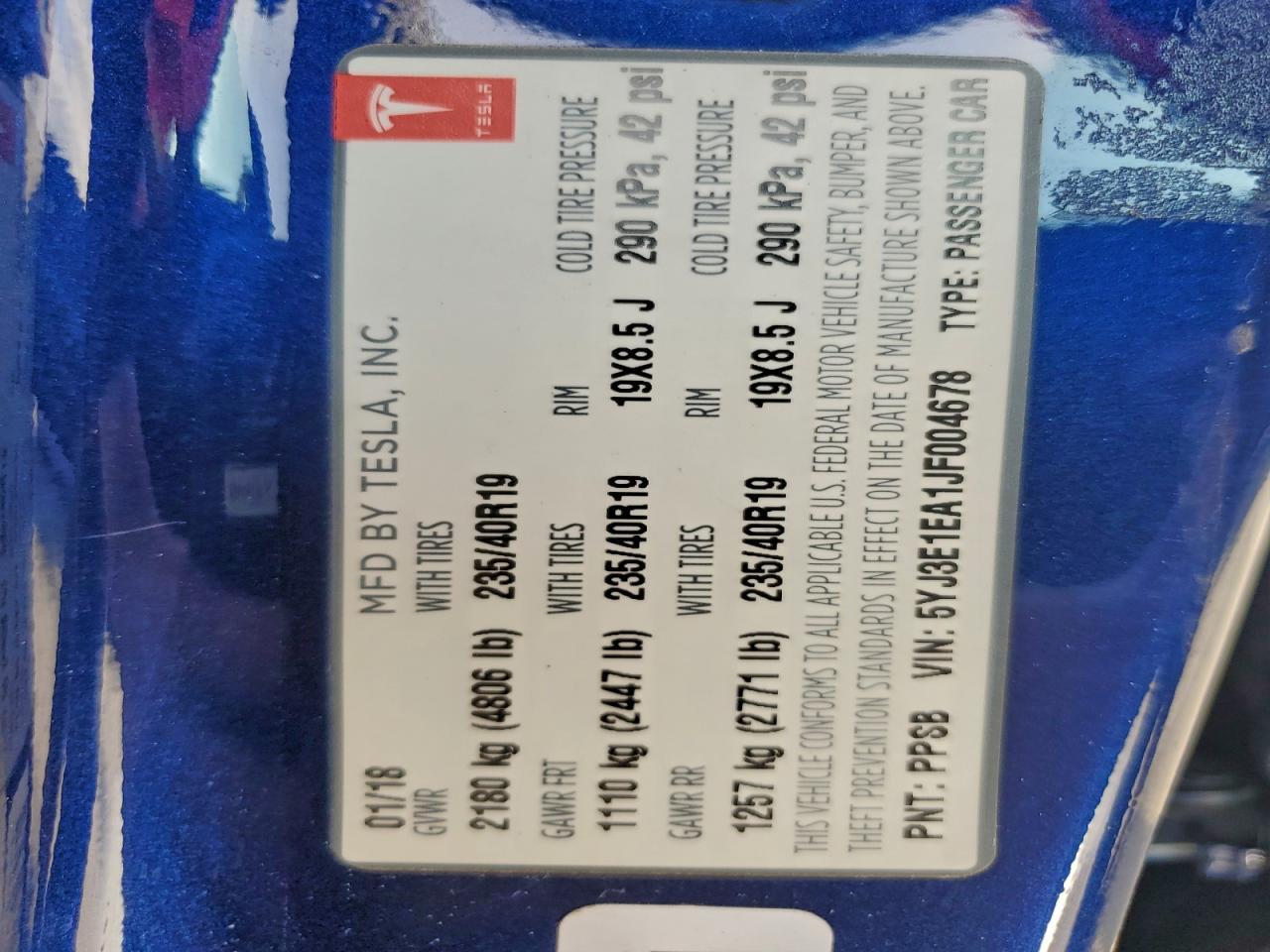 2018 Tesla Model 3 VIN: 5YJ3E1EA1JF004678 Lot: 94313125