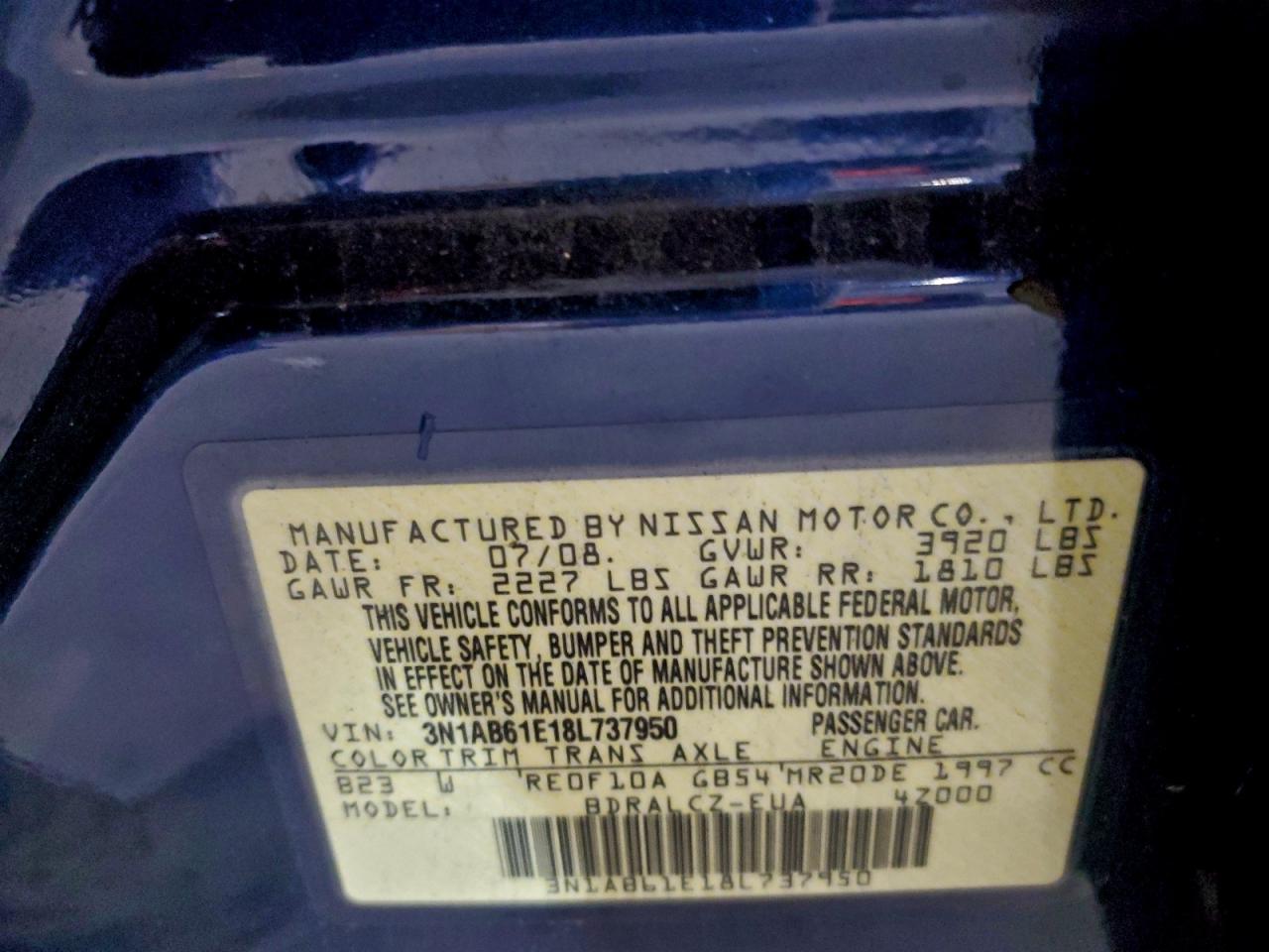 2008 Nissan Sentra 2.0 VIN: 3N1AB61E18L737950 Lot: 93262215