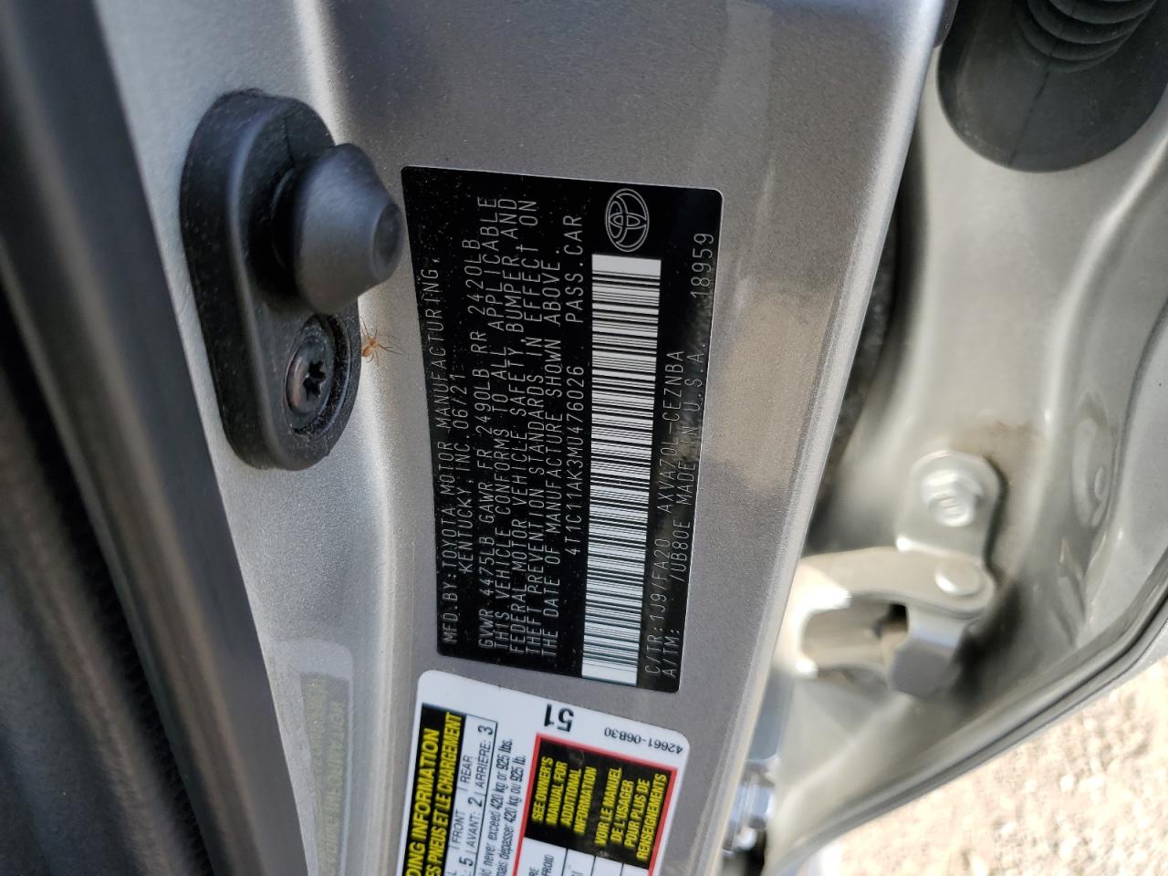 2021 Toyota Camry Le VIN: 4T1C11AK3MU476026 Lot: 85436795