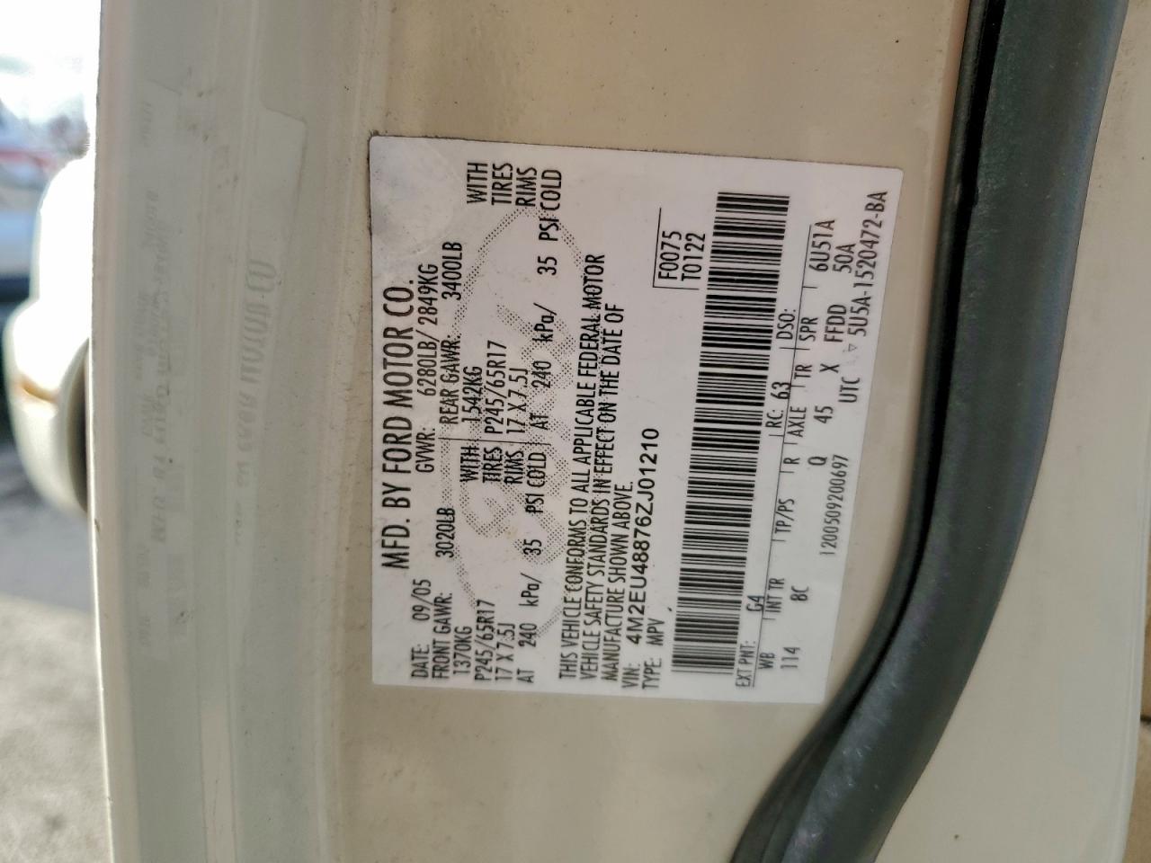 2006 Mercury Mountaineer Premier VIN: 4M2EU48876ZJ01210 Lot: 94412005