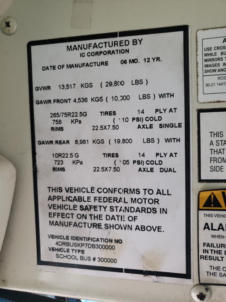 2013 Ic Corporation Ce Series School - School Bus VIN: 4DRBUSKP7DB300000 Lot: 92109595