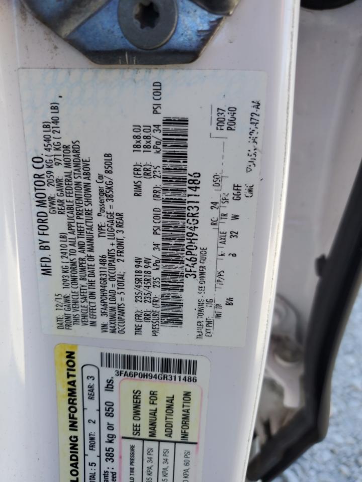 2016 Ford Fusion Se VIN: 3FA6P0H94GR311486 Lot: 93177665