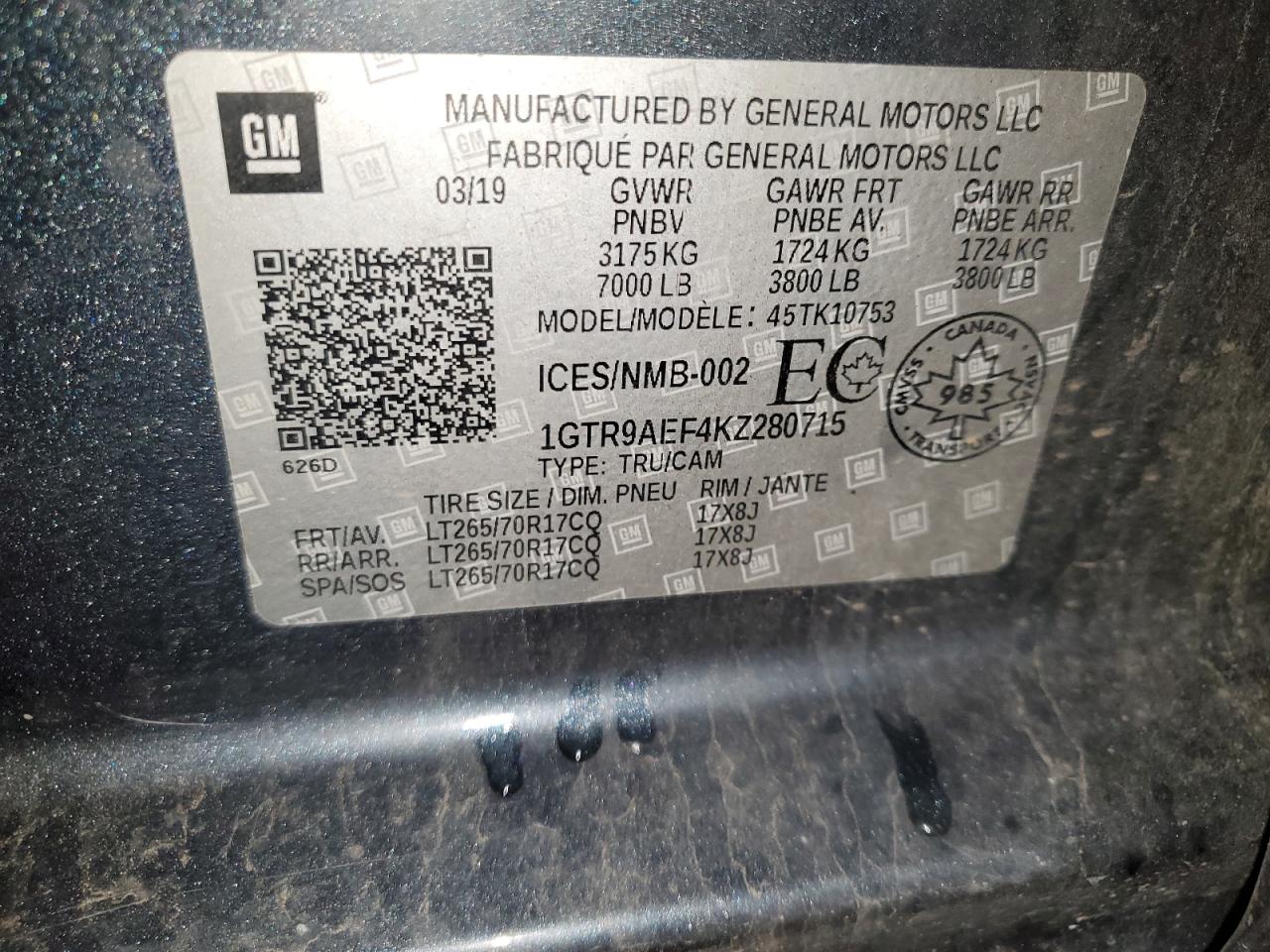 2019 GMC Sierra K1500 VIN: 1GTR9AEF4KZ280715 Lot: 90252615