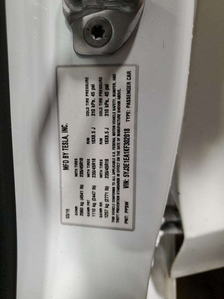 2019 Tesla Model 3 VIN: 5YJ3E1EA1KF302018 Lot: 92988705