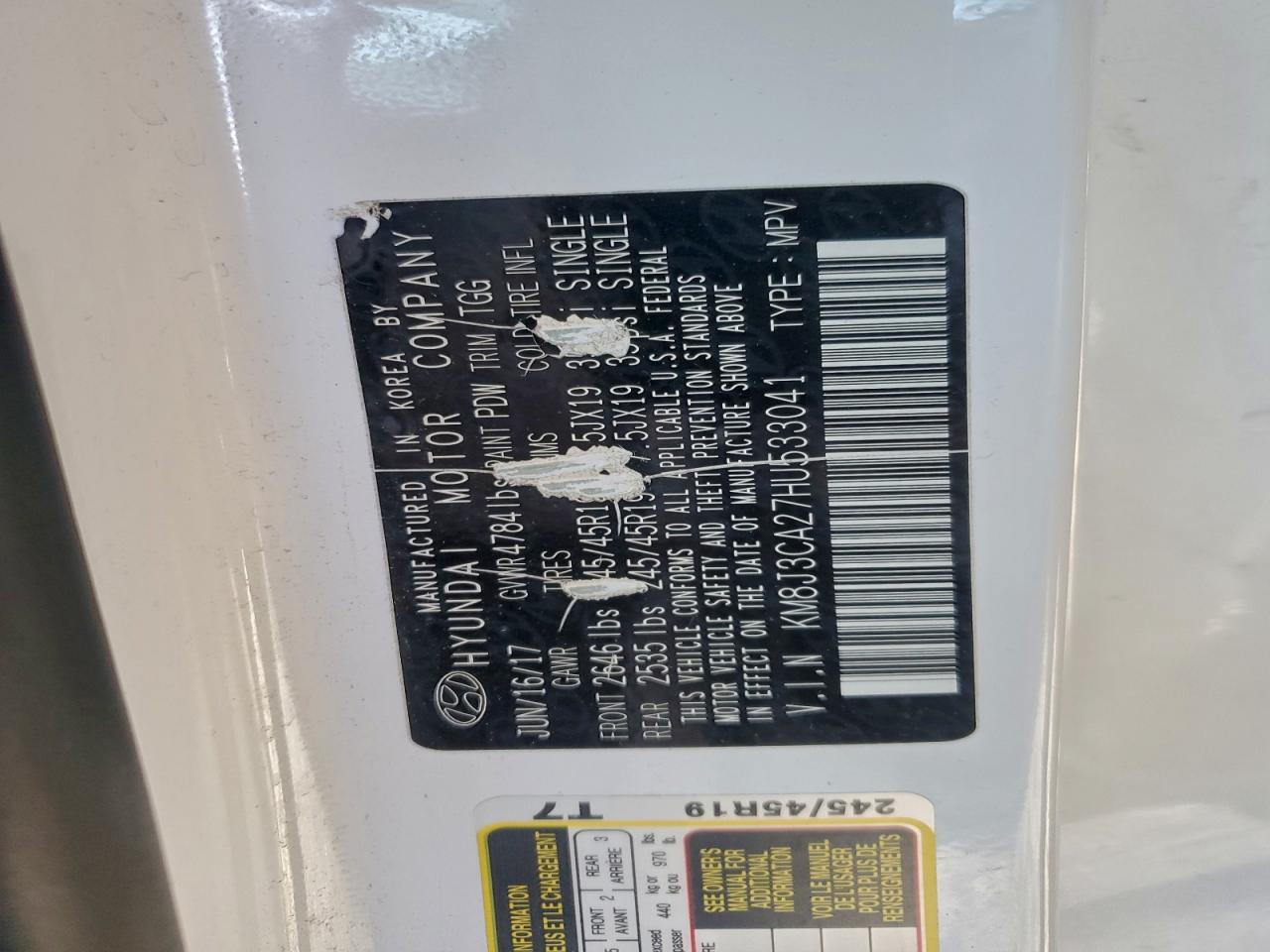 2017 Hyundai Tucson Limited VIN: KM8J3CA27HU533041 Lot: 85436985